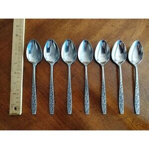 Vtg Lot 7 Dinner Spoons Stainless Grand Prix Florentine Black Swirl Design Japan